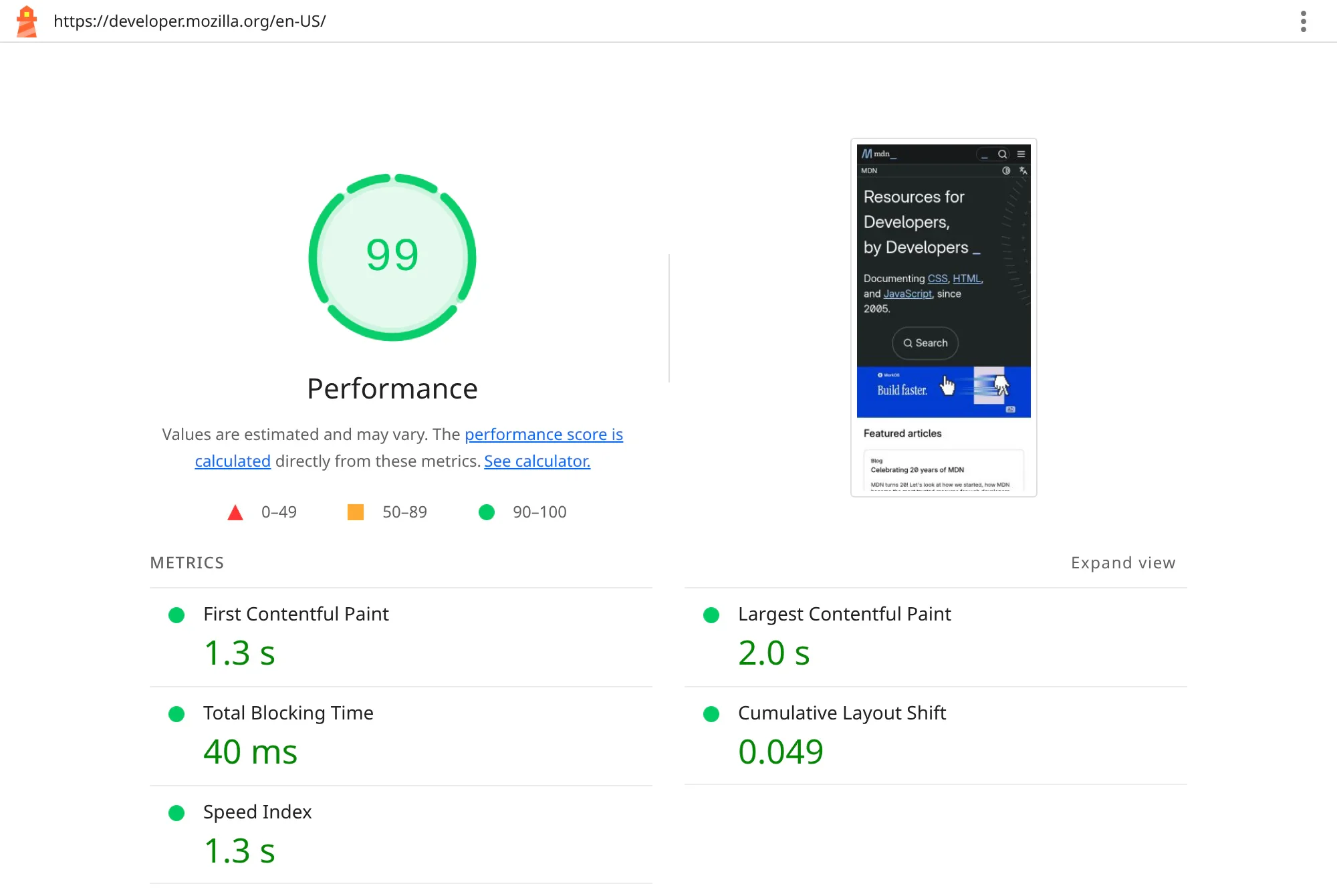 Real Lighthouse mobile report for developer.mozilla.org showing a performance score of 99, First Contentful Paint 1.3 s, Largest Contentful Paint 2.0 s, Total Blocking Time 40 ms, Cumulative Layout Shift 0.049 and Speed Index 1.3 s