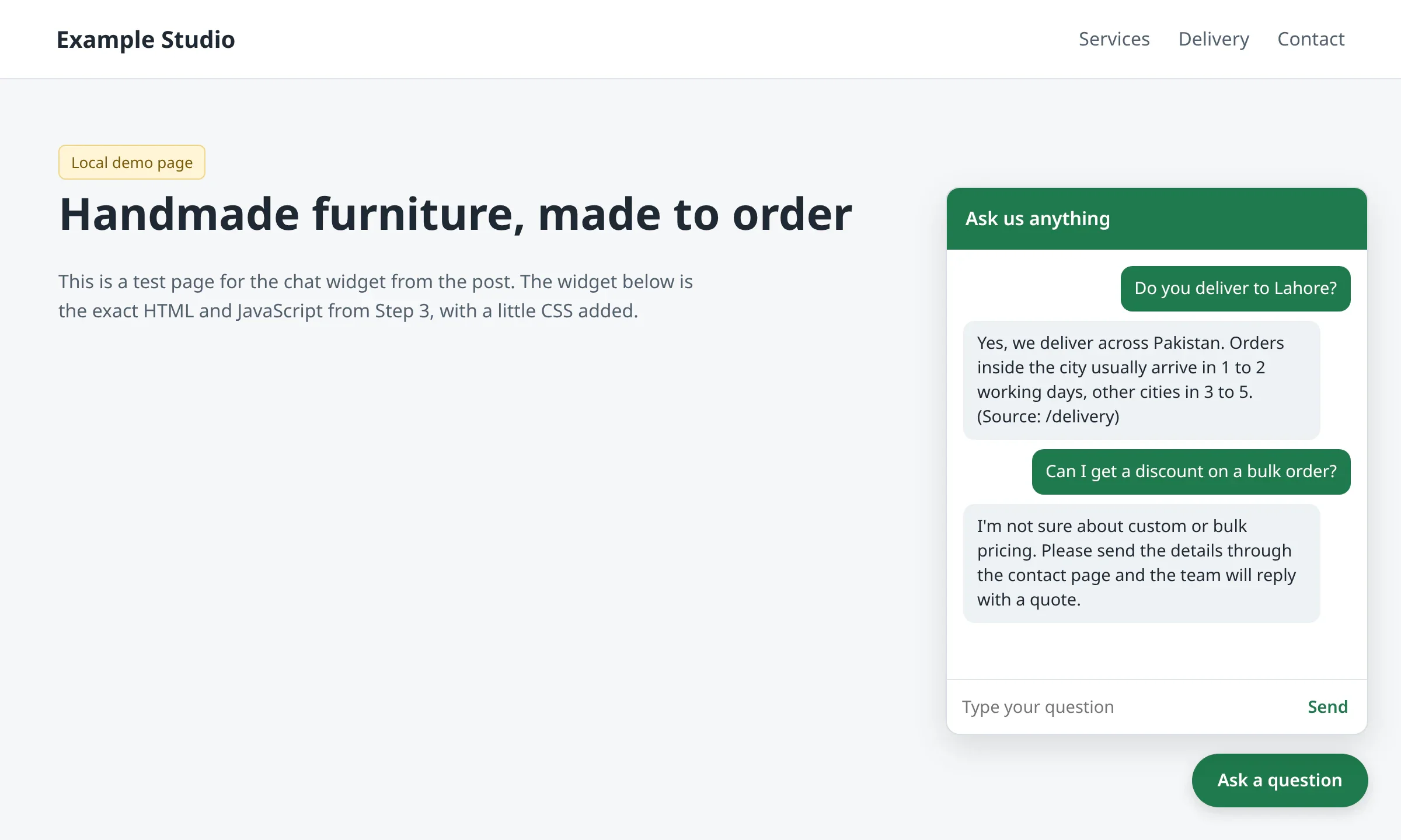 Screenshot of the chat widget from this post open on a local test page: a visitor asks whether the shop delivers to Lahore and gets a short answer citing the delivery page, then asks about a bulk discount and the bot says it is not sure and points to the contact page