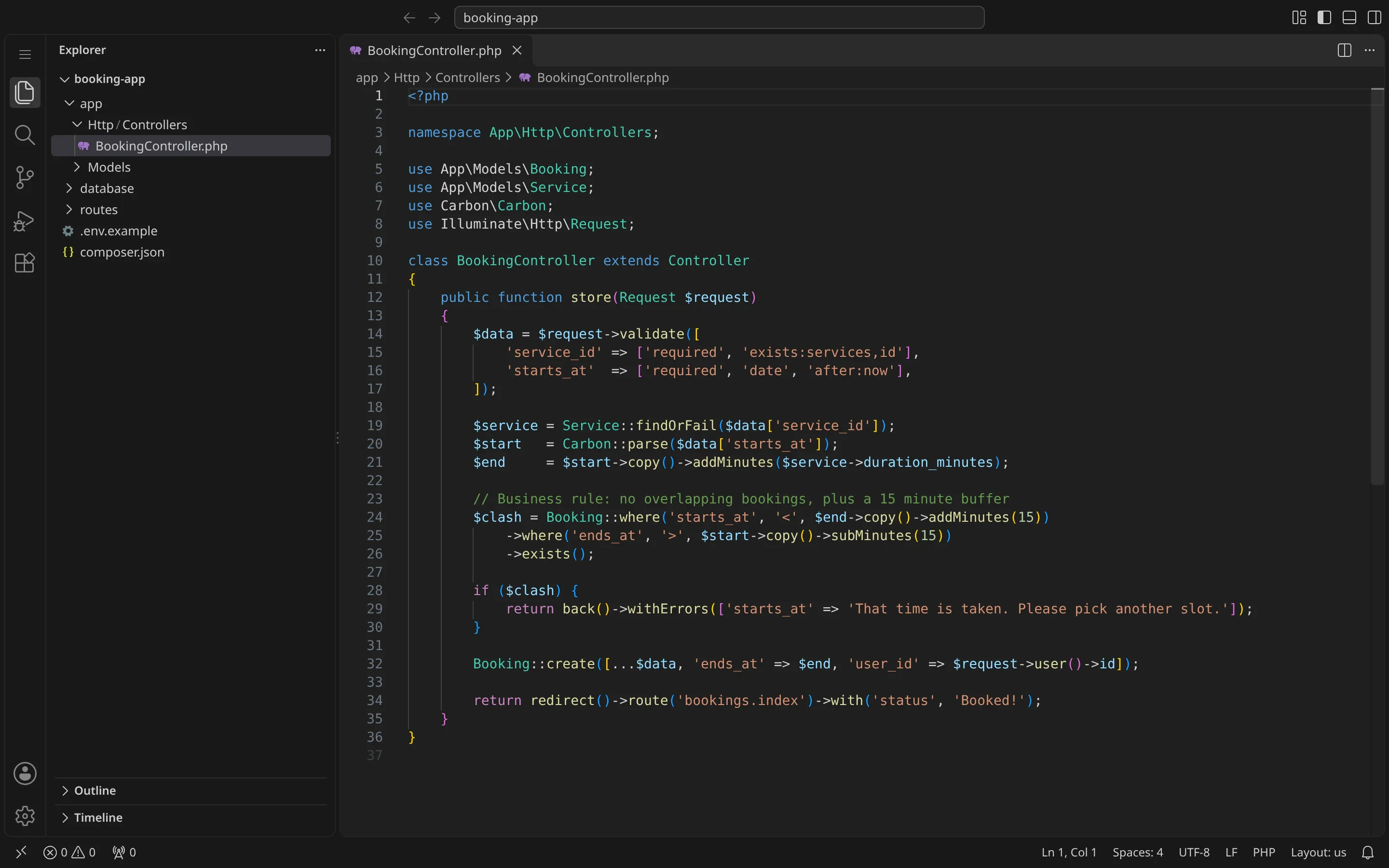 Screenshot of a code editor showing the full Laravel BookingController.php file from a small booking app, with the store method that validates the request and blocks overlapping bookings