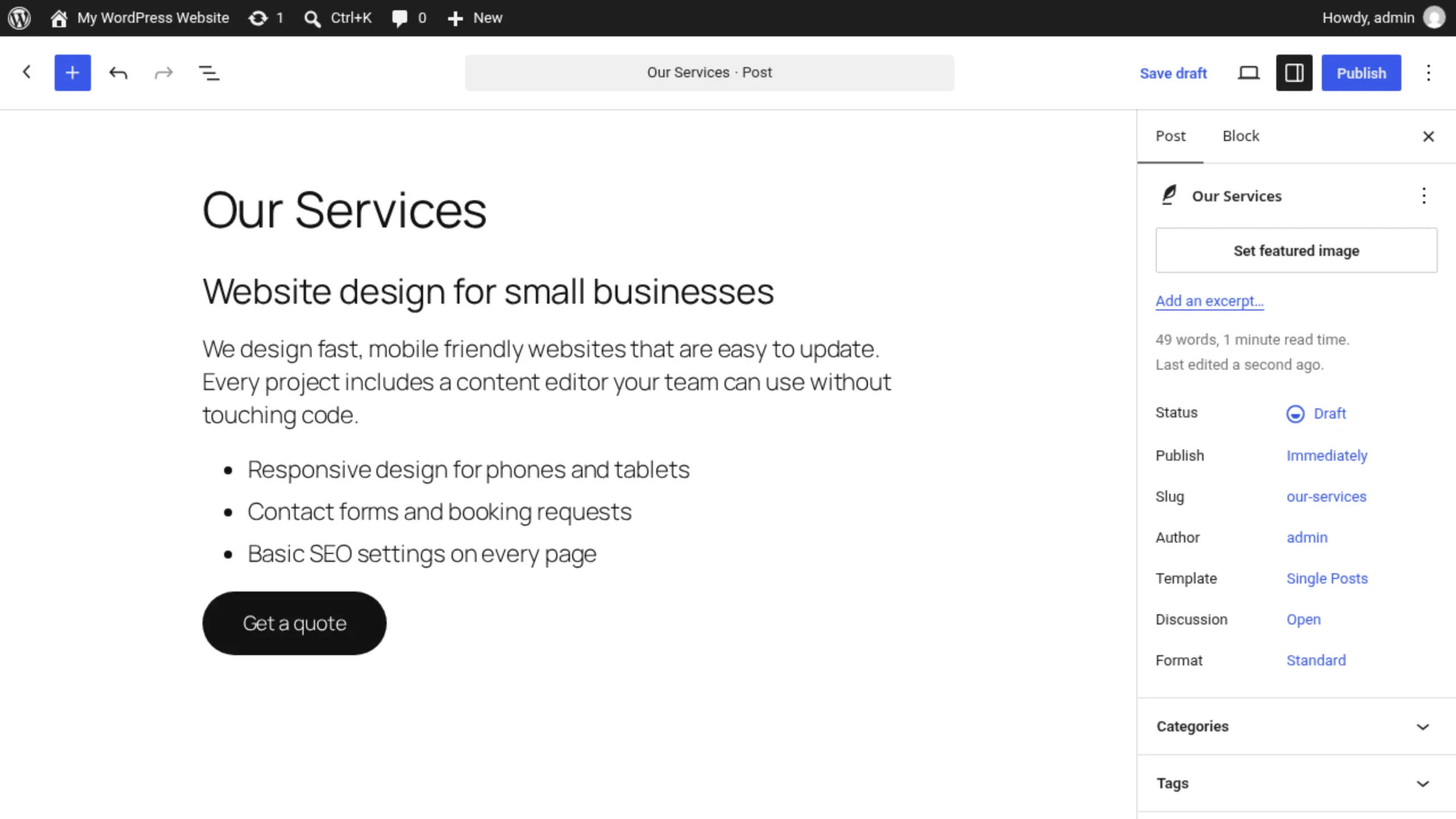 Screenshot of the real WordPress block editor with a draft page titled Our Services, containing a heading, a paragraph, a bulleted list and a Get a quote button, with the settings sidebar open